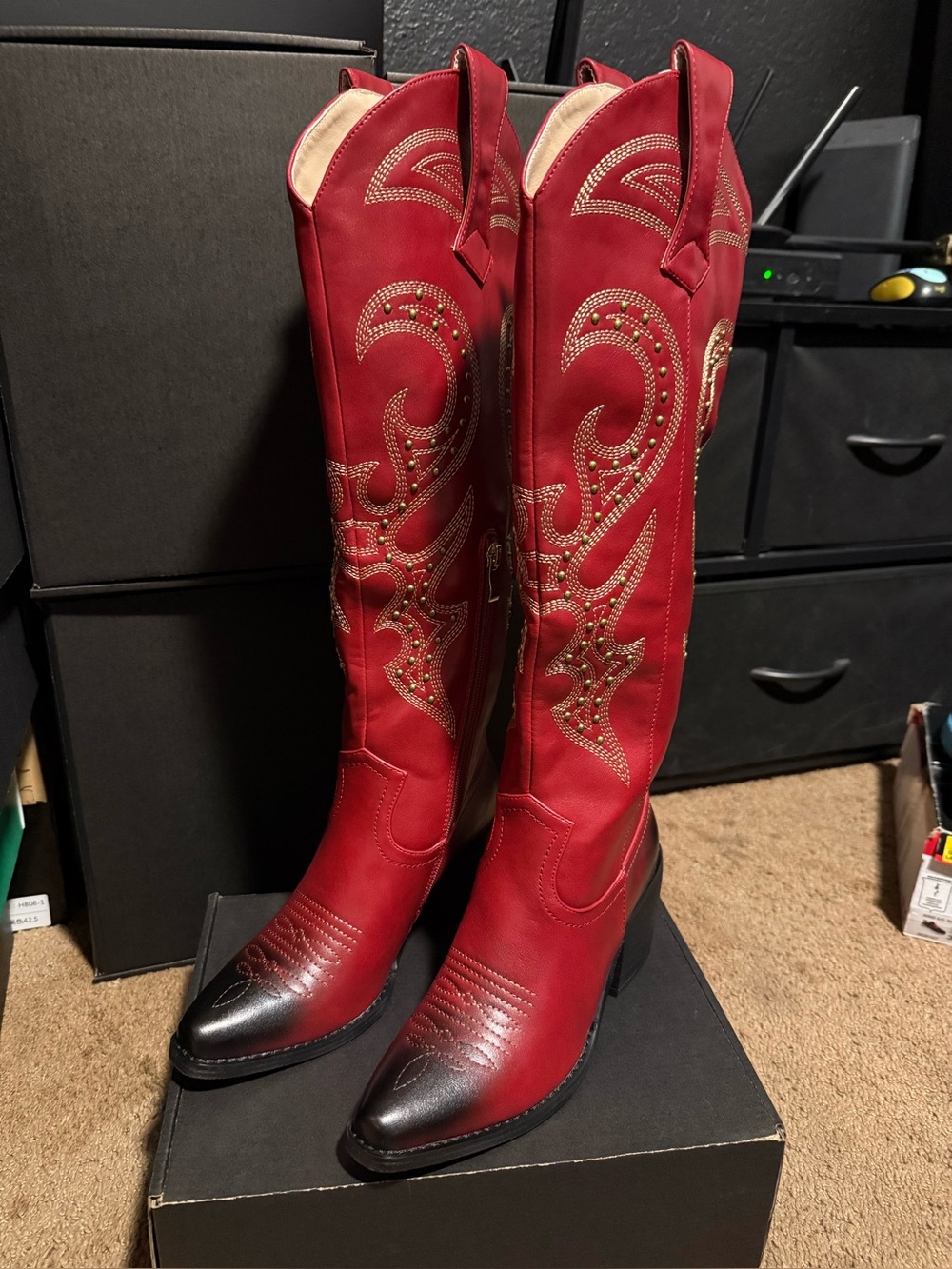 Red Embellished Western Knee-High Boots